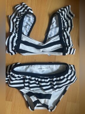 Janie and Jack Black and White Striped Ruffle Swim Set Bikini 6-12 Months